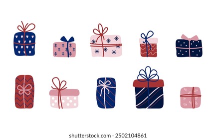 Christmas gift box collection. New Year presents with ribbons. Vector illustration