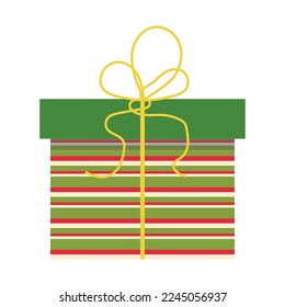 Regalo navideño en caja con un patrón de líneas coloreadas en papel envolvente y cinta. Diseño aislado de ilustración de vector