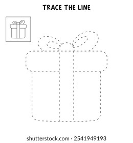 Christmas gift box coloring pages for kids. Trace and color Christmas gift box. Christmas gift box isolated on white background. Kindergarten and preschool worksheets printable for kids. 