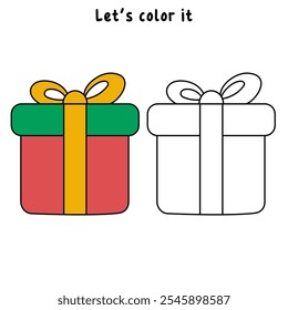 Christmas gift box coloring pages for kids. Trace and color Christmas gift box. Christmas gift box isolated on white background. Kindergarten and preschool worksheets printable for kids. 