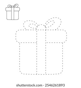 Christmas gift box coloring pages for kids. Trace and color Christmas gift box. Christmas gift box isolated on white background. Kindergarten and preschool worksheets printable for kids. 