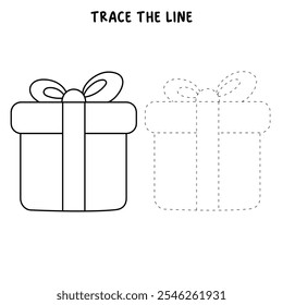Christmas gift box coloring pages for kids. Trace and color Christmas gift box. Christmas gift box isolated on white background. Kindergarten and preschool worksheets printable for kids. 
