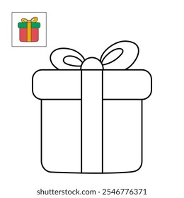 Christmas gift box coloring pages for kids. Trace and color Christmas gift box. Christmas gift box isolated on white background. Kindergarten and preschool worksheets printable for kids. 