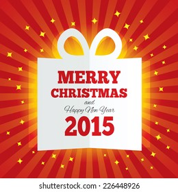 Christmas gift box cut the paper. New year 2015. Yellow stars. Cutout paper gift box greeting card. Vector