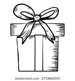 Christmas gift box decor icon hand drawn, doodle sketch black line art