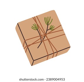 Christmas gift box design. Holiday present box with twine and winter fir branch decoration. Festive kraft brown package, Xmas surprise. Flat graphic vector illustration isolated on white background
