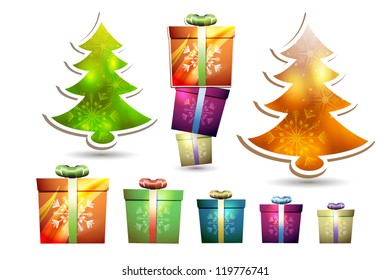 Christmas gift box in different colors and pine tree on white background