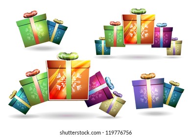 Christmas gift box in different colors on white background