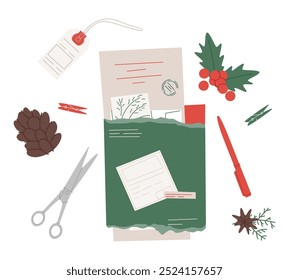 Caja de regalo de Navidad, decoración de bricolaje y embalaje. Regalo de vacaciones de Navidad envuelto en papel kraft, embalaje artesanal, decorado con rama, cono. Ilustración vectorial plana aislada sobre fondo blanco