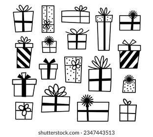 Christmas gift box doodle collection. Xmas present with ribbon. Christmas decor vector