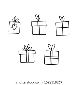 Christmas gift box doodle. Hand drawn present with ribbon illustration. Merry Xmas decorative element.