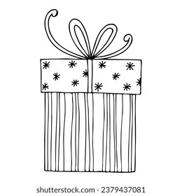 Christmas gift box doodle. Hand drawn gift with ribbon illustration. Vector illustration.