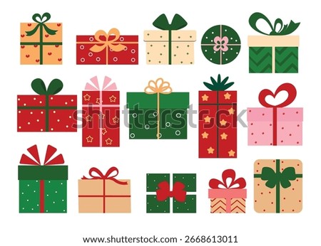 Christmas Gift box elements clipart set. Colorful printed and pattern flat Gift boxes elements clip art collection with cute ribbon bow tie style for xmas prize and surprise party decoration vector 