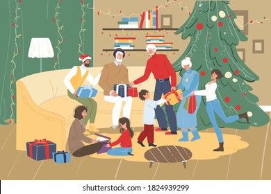 Christmas gift box exchange scene. Happy family greeting giving present each other. Grandparent, mother, father, children at home. Decorated living room, xmas tree. Winter holiday celebration