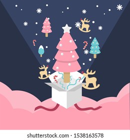 La caja de regalo de Navidad explota renos de madera y pino de Navidad y copos de nieve
