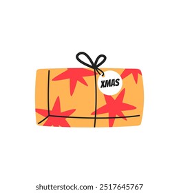 Christmas gift box in festive wrapping paper with ribbon and bow. Present with tag for Christmas holiday.Flat vector illustration isolated on white.