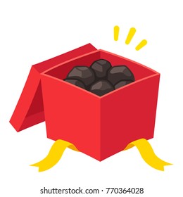 Christmas Gift Box Filled With Coal, Prank Present For Naughty Kids. Cartoon Vector Illustration.