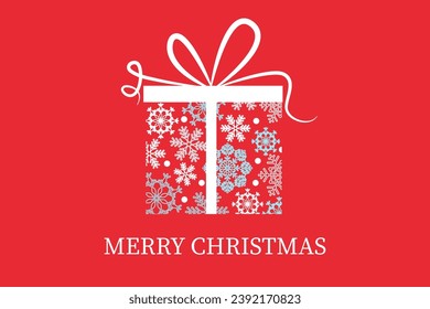 Christmas gift box filled with snowflakes pattern on red background.	 Vector illustration
