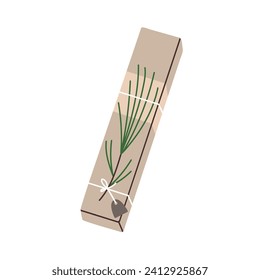 Christmas gift box with fir branch decoration. Winter present design in eco wrapping with string, tag and needle twig. Surprise package. Flat graphic vector illustration isolated on white background