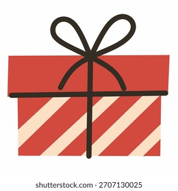 Christmas gift box in flat cute hand-drawn style. Ideal for greeting cards, wrapping paper, stickers, invitations, and festive branding.