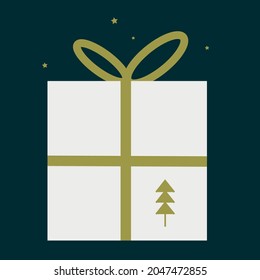 Christmas gift box with a gold ribbon and a Christmas tree.