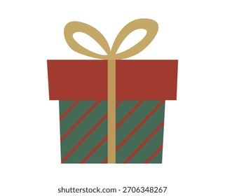 Caixa de presente de Natal com listras verdes e vermelhas e uma fita de ouro