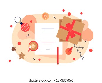 Christmas gift box with greeting letter on a table. Modern flat illustration. Vector file.