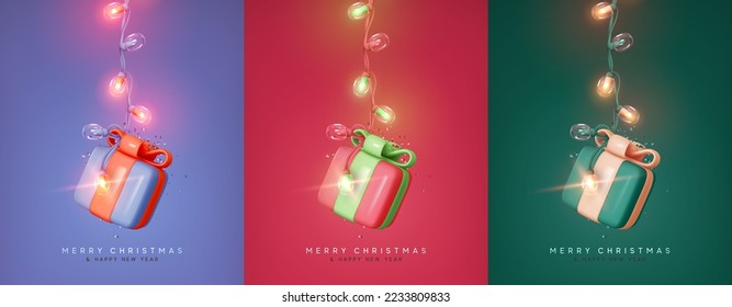 Christmas gift box hanging on bright glowing decoration light garland. Design of New Year present surprise. Festive colorful gift card, set invitations. Holiday banner, web poster. vector illustration