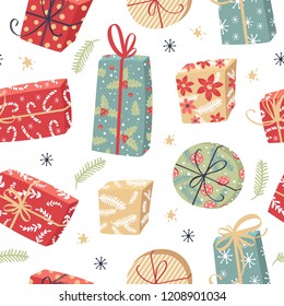 Christmas Gift Box Holiday Seamless Pattern. Vector Illustration.