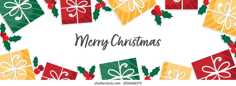 Christmas gift box and holly berry branches decorate on white background with Merry Christmas text design for banner, frame, header, background for greeting card design. Vector Illustration.