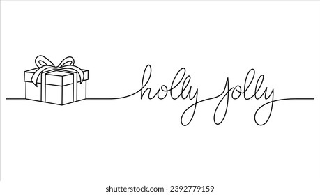 christmas gift box and holly jolly letter line art vector