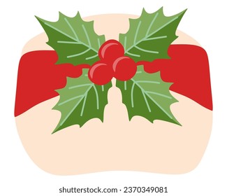Christmas Gift box with holly leaves, berries and ribbon. Holiday decoration isolated on white. Vector flat cartoon illustration for Design, Advertisement, Flyer, Greeting card.