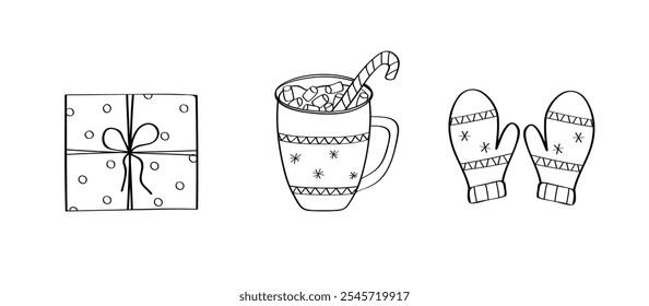 Christmas gift box, hot chocolate and warm knitted mittens. Vector illustration of doodle icons.