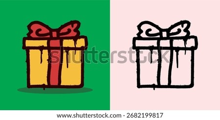 Christmas gift box icon in grunge graffiti doodle style, ideal for xmas celebration, holiday artwork, and decorative design projects