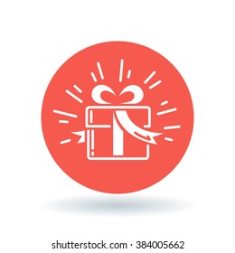 Christmas gift box icon. Present sign. Birthday gift symbol. White gift box icon on red circle background. Vector illustration.