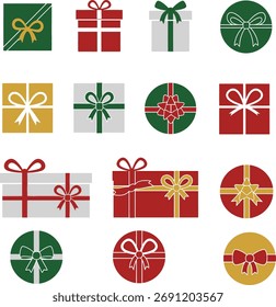 Christmas Gift Box Icon Set. Vector Collection of Presents with Ribbon and Bow in Red, Green, and Gold.