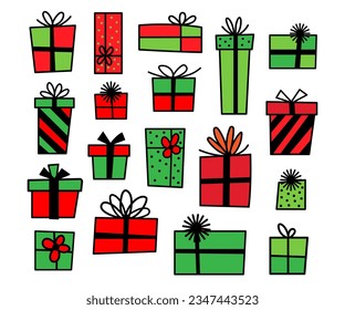 Christmas gift box icons collection. Xmas present with ribbon. Christmas decor vector