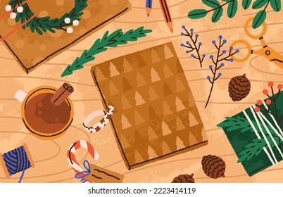 Christmas gift box in kraft paper wrapping with DIY decorations on wood table. Preparing, making Xmas holiday present with natural branches, floral decor, cones and cacao cup. Flat vector illustration