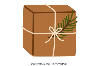 Christmas gift box in kraft paper, holiday wrapping. Present decorated with berry branch,  wrapped in eco recycled craft. Flat vector illustration isolated on white background