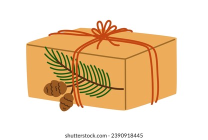 Caja de regalo de Navidad en papel kraft, envoltura de vacaciones. Presente decorado con ramas de berry, etiqueta, envuelto en embarcaciones recicladas. Ilustración vectorial plana aislada en fondo blanco