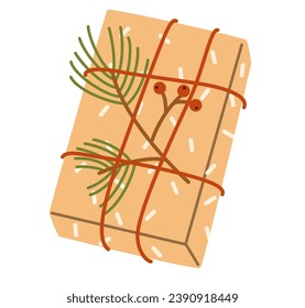 Christmas gift box in kraft paper, holiday wrapping. Present decorated with berry branch, tag, wrapped in eco recycled craft. Flat vector illustration isolated on white background