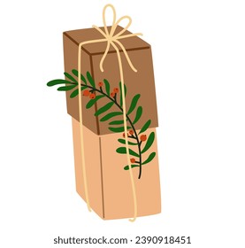 Christmas gift box in kraft paper, holiday wrapping. Holiday Present decorated with berry branch, tag, wrapped in eco recycled craft. Flat vector illustration isolated on white background
