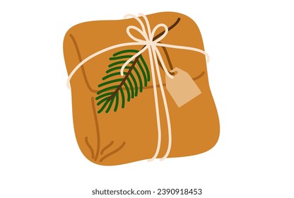 Christmas gift box in kraft paper, holiday wrapping. Holiday Present decorated with berry branch, tag, wrapped in eco recycled craft. Flat vector illustration isolated on white background