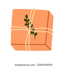 Christmas gift box in kraft paper, holiday wrapping. Holiday Present decorated with berry branch, tag, wrapped in eco recycled craft. Flat vector illustration isolated on white background