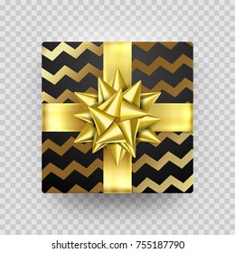 Christmas Gift box New Year present in golden ribbon bow and wrapping paper wave foil gold pattern. Round gift box for Birthday or Christmas holiday greeting card design on transparent background