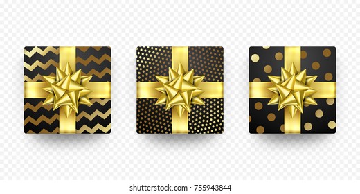 Christmas gift box New Year present in golden ribbon bow and wrapping paper wave foil gold pattern. Vector gift boxes set for Birthday or Christmas holiday greeting card design on white background.