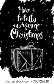 Christmas gift box. New Year hand drawn greeting card with surprise. Modern and classic creative Christmas Holiday flyer invitation lettering calligraphy phrase. Vector.