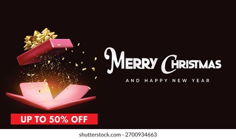 Christmas gift box opening with Merry Christmas and Happy New Year 