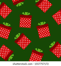 Christmas gift box pattern on the green background. Vector illustration