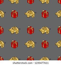 Christmas gift box with Pig, gold sparkle bow wrapping paper seamless pattern